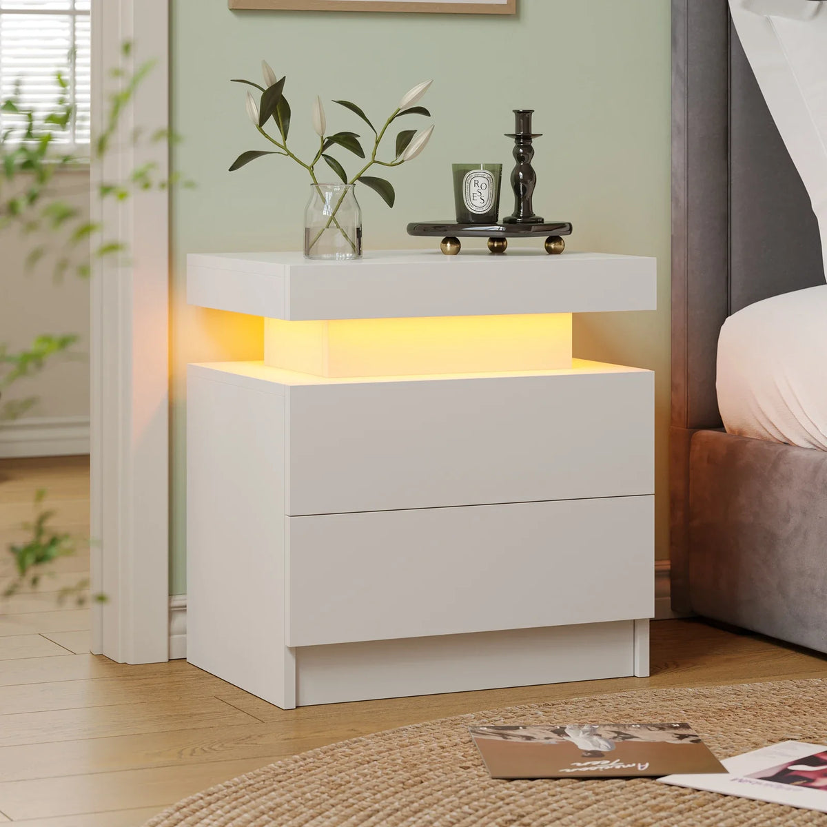 Smart LED Bedside Table with 2 Drawers - App Control Modern Nightstand Light Effects