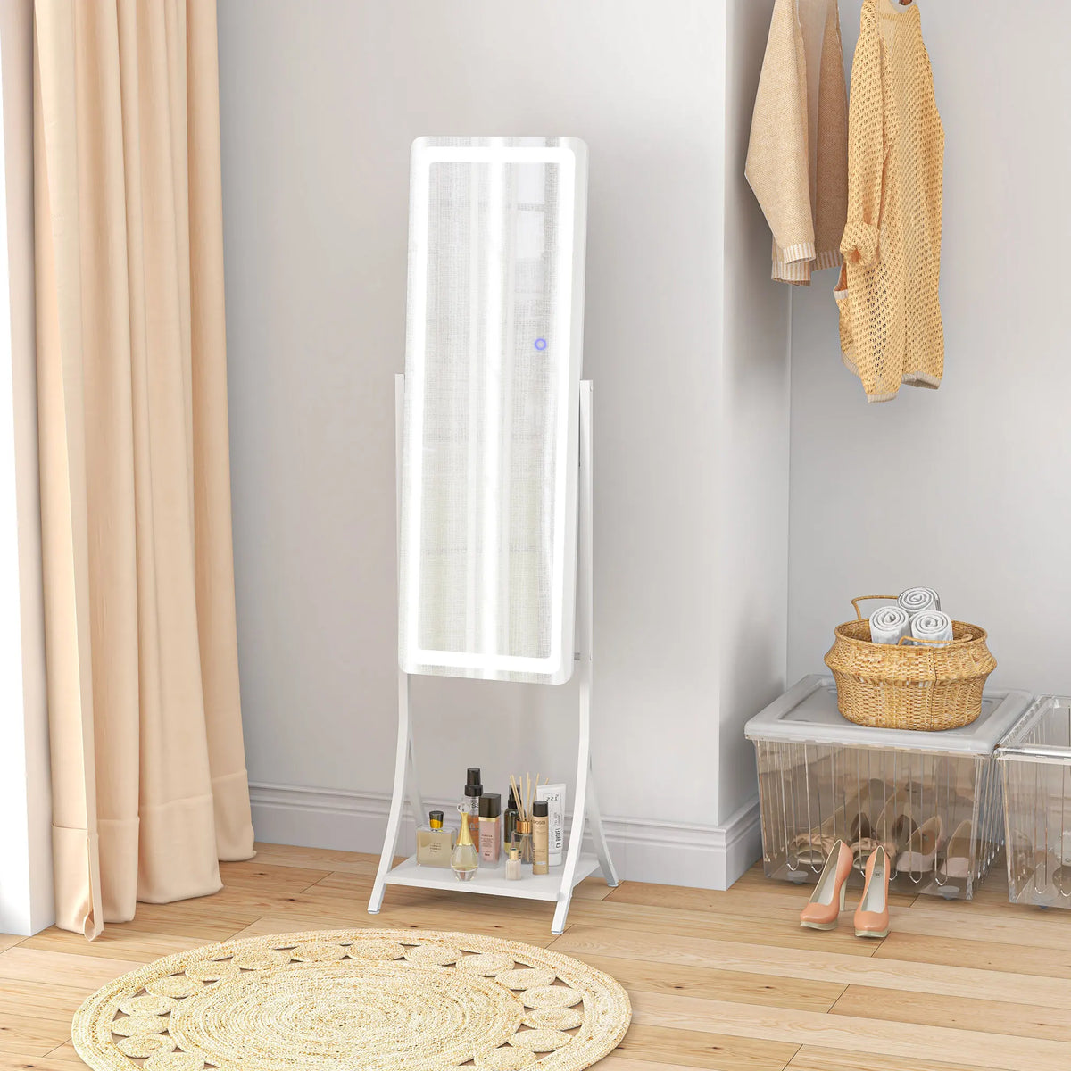 LED Light Full Length Mirror – Freestanding Floor Mirror Storage Shelf Standing