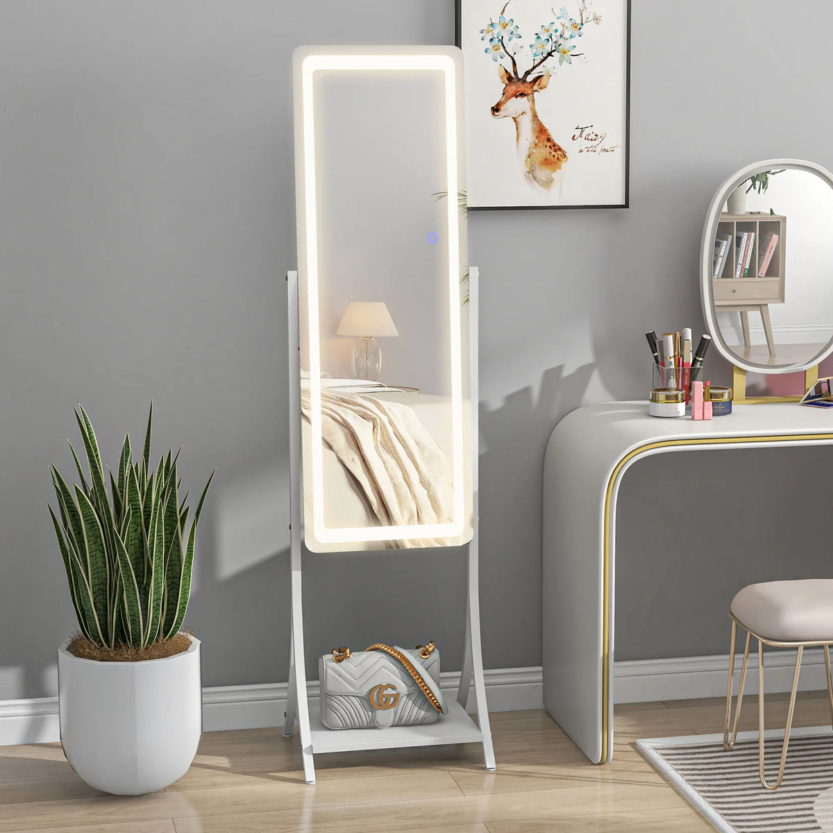 LED Light Full Length Mirror – Freestanding Floor Mirror Storage Shelf Standing