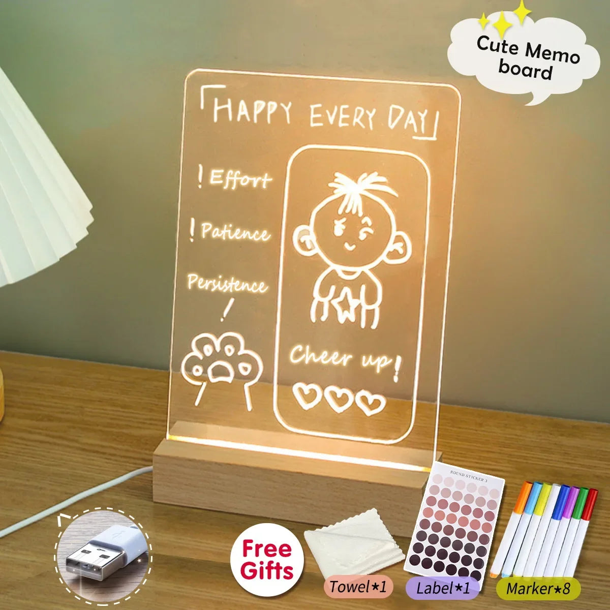 LED Message Board Night Light Wooden Base – Kids Drawing & Erasable Note Pad