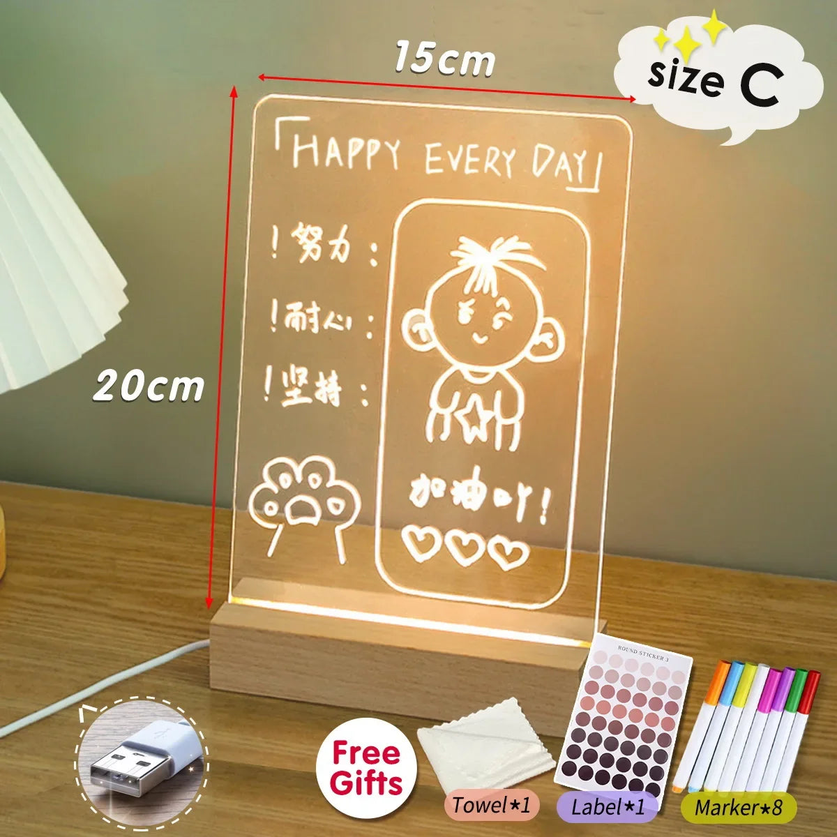 LED Message Board Night Light Wooden Base – Kids Drawing & Erasable Note Pad