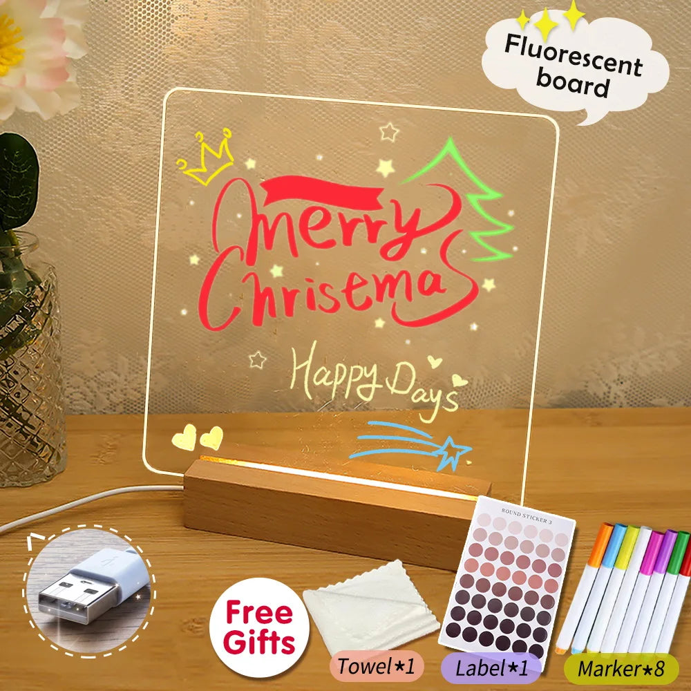 LED Message Board Night Light Wooden Base – Kids Drawing & Erasable Note Pad
