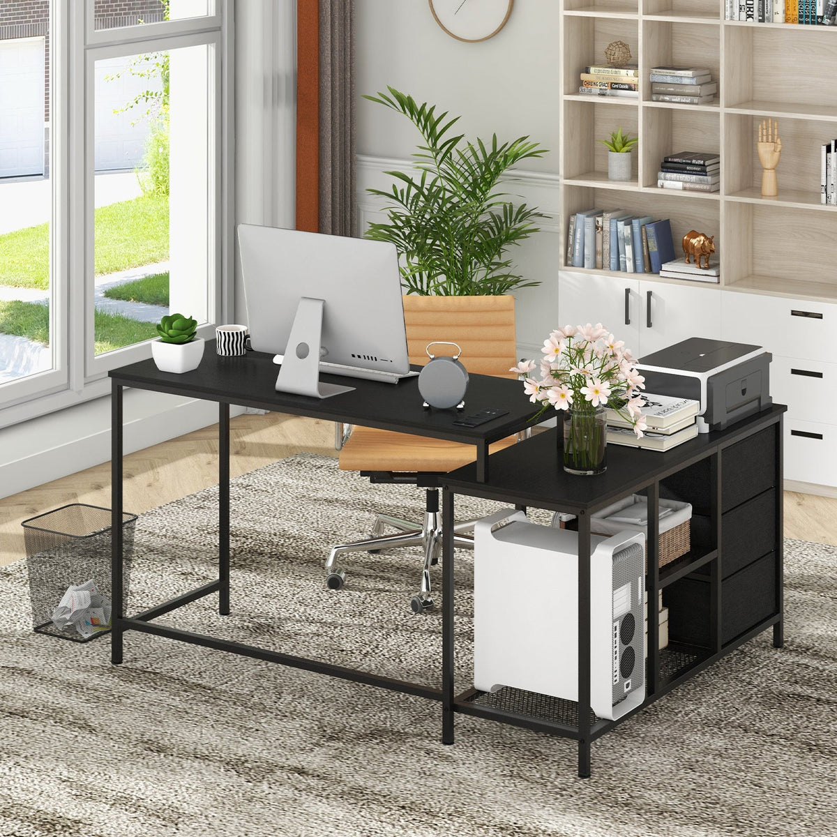 L-Shaped Computer Desk with Drawers Shelves and Charging Station-Black