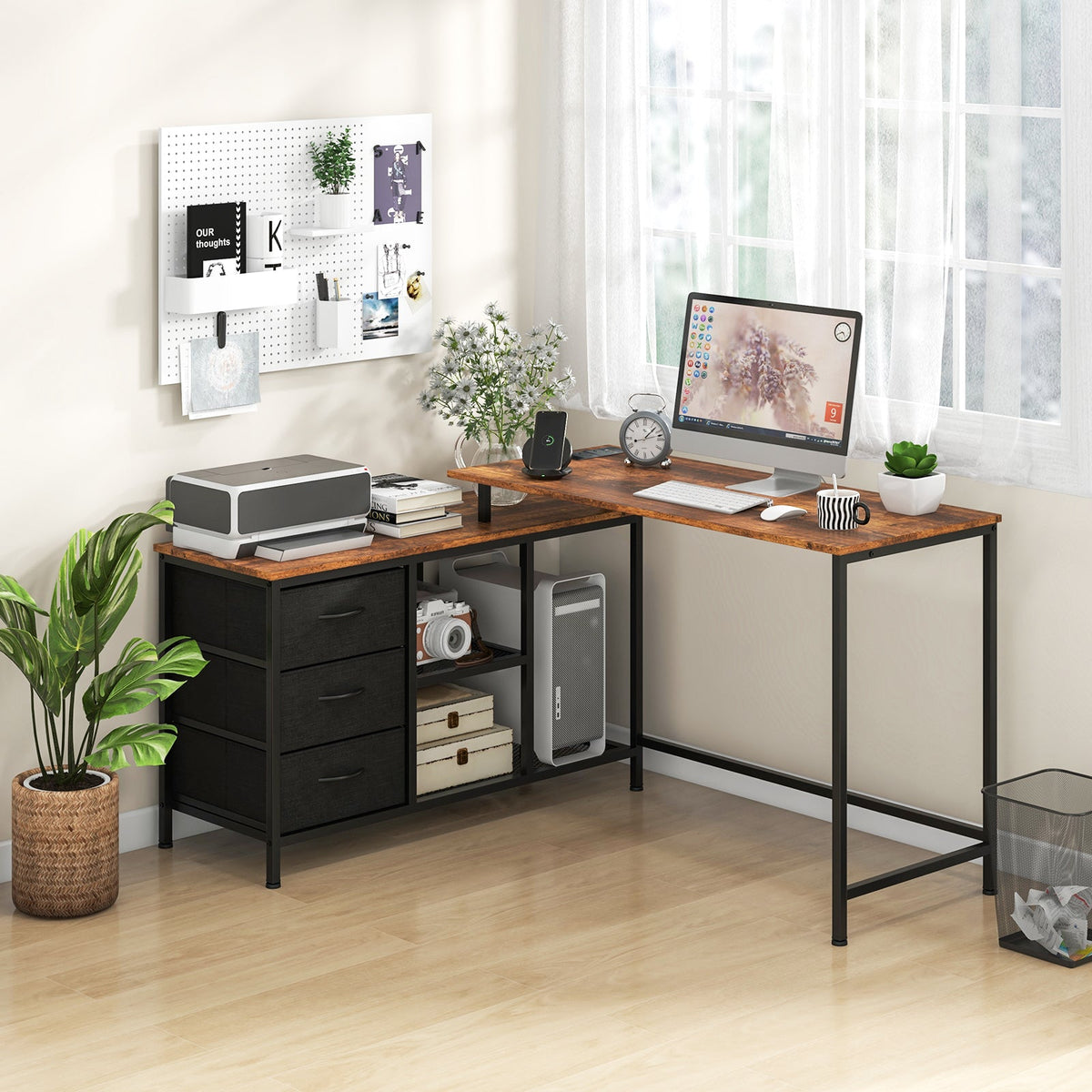 L-Shaped Computer Desk with Drawers Shelves and Charging Station-Black