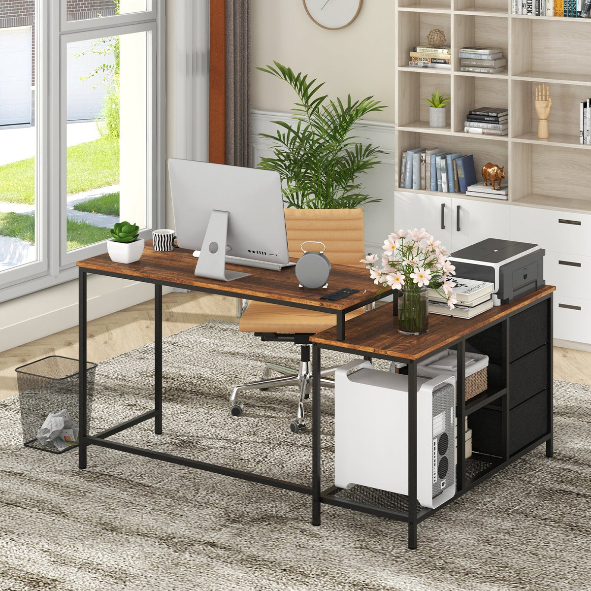 L-Shaped Computer Desk with Drawers Shelves and Charging Station-Black