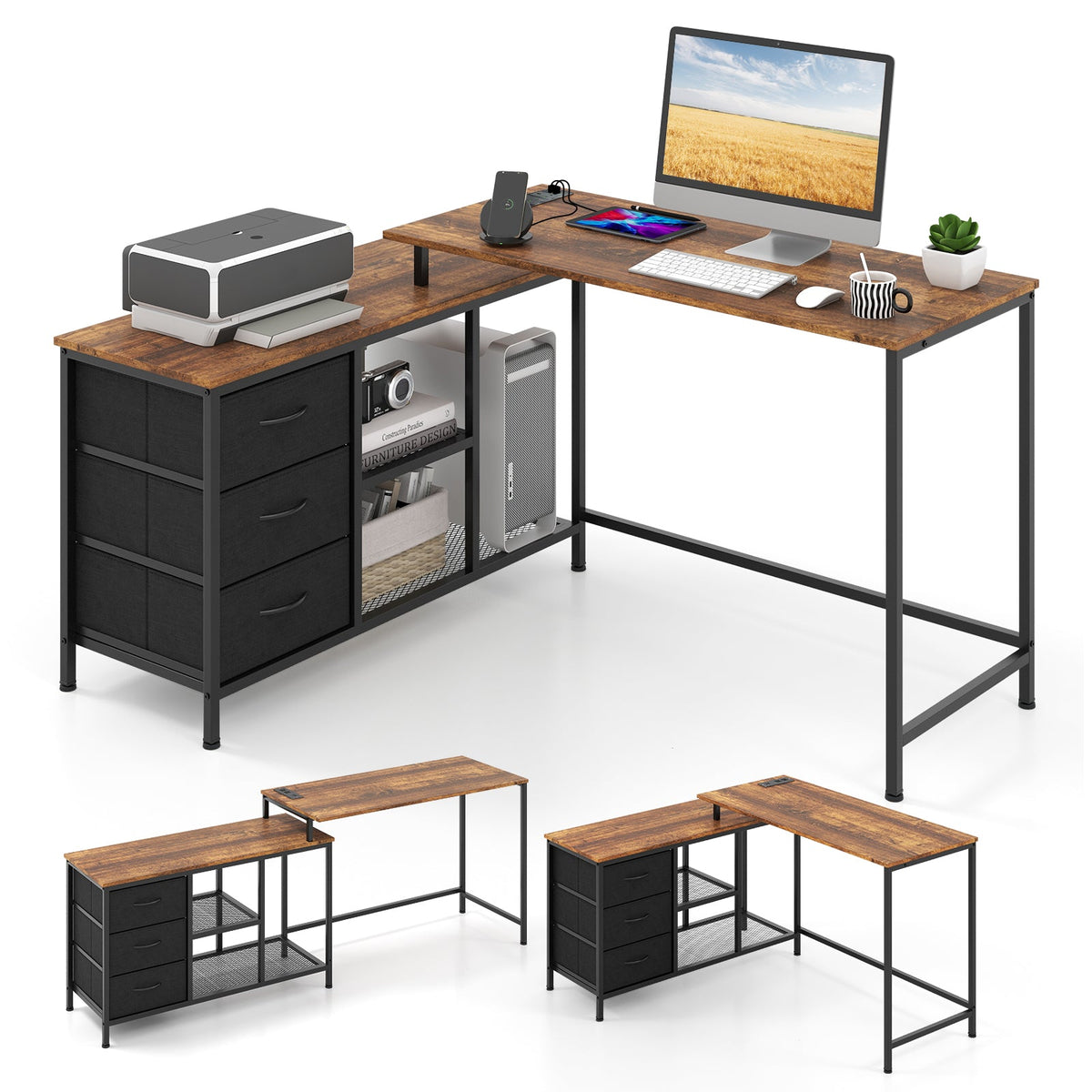 L-Shaped Computer Desk with Drawers Shelves and Charging Station-Black