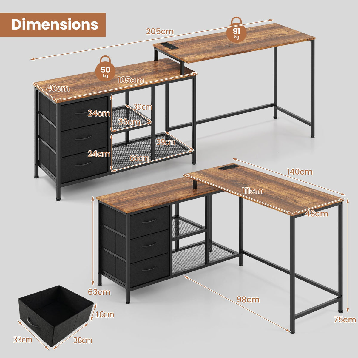 L-Shaped Computer Desk with Drawers Shelves and Charging Station-Black