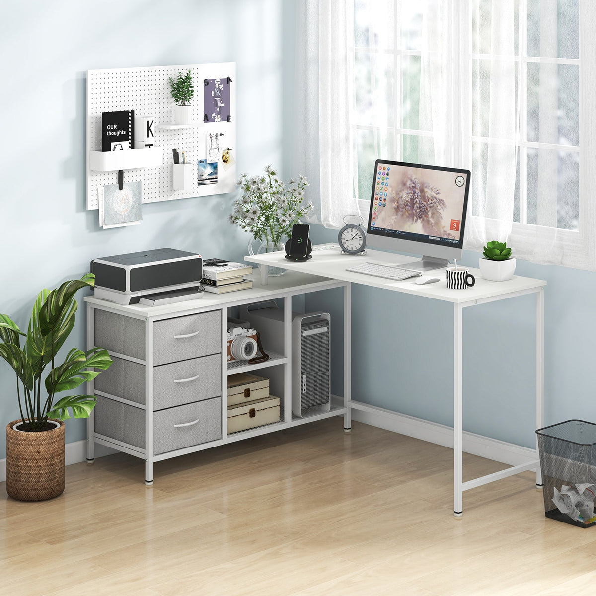 L-Shaped Computer Desk with Drawers Shelves and Charging Station-Black