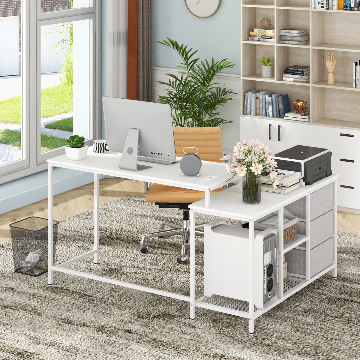 L-Shaped Computer Desk with Drawers Shelves and Charging Station-Black