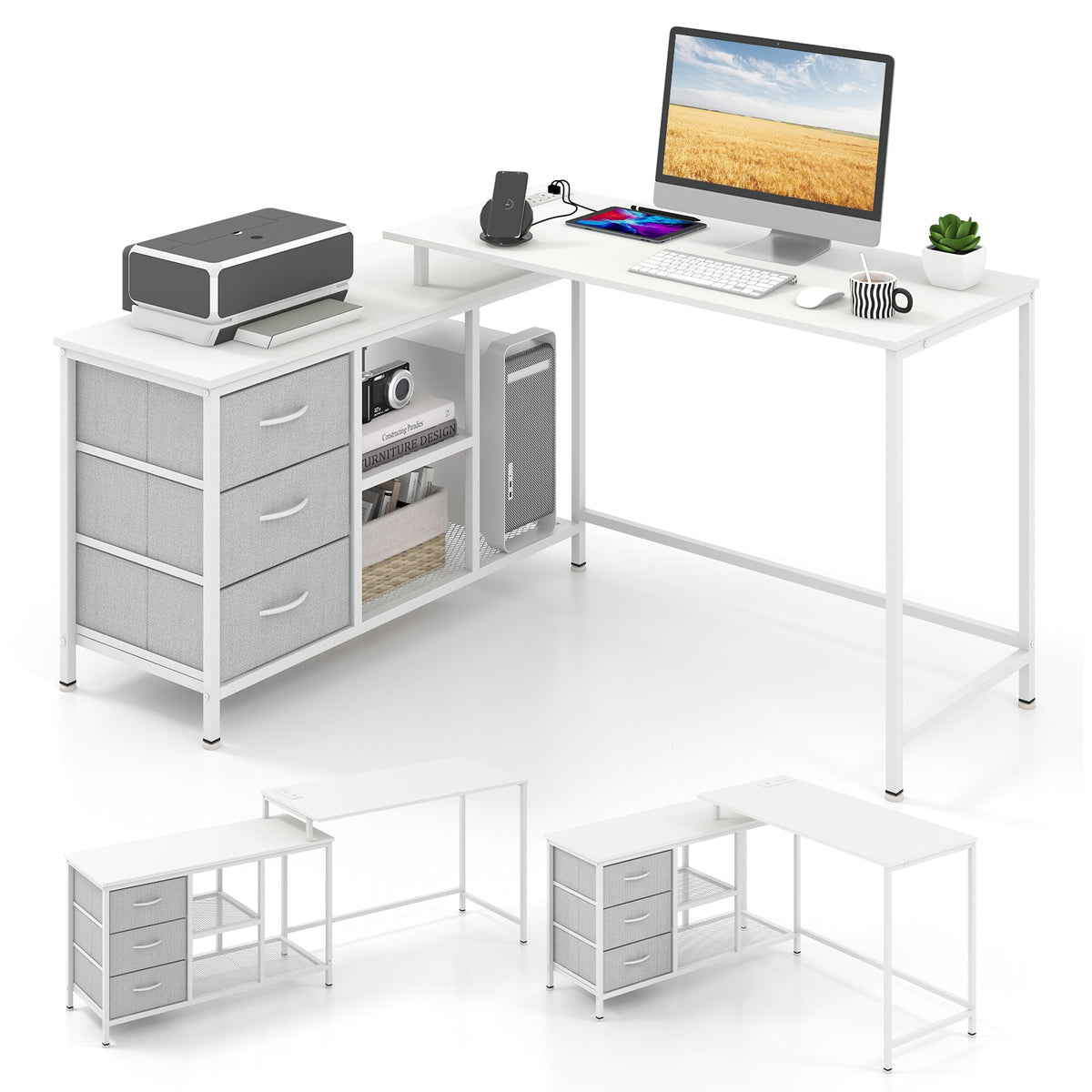 L-Shaped Computer Desk with Drawers Shelves and Charging Station-Black
