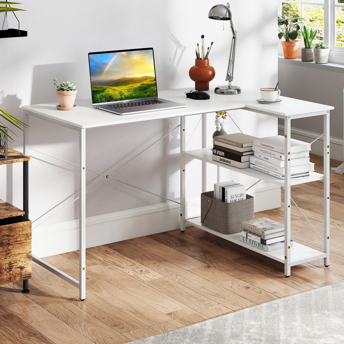 L-shaped Computer Desk Reversible Corner Desk with Adjustable Shelf-White