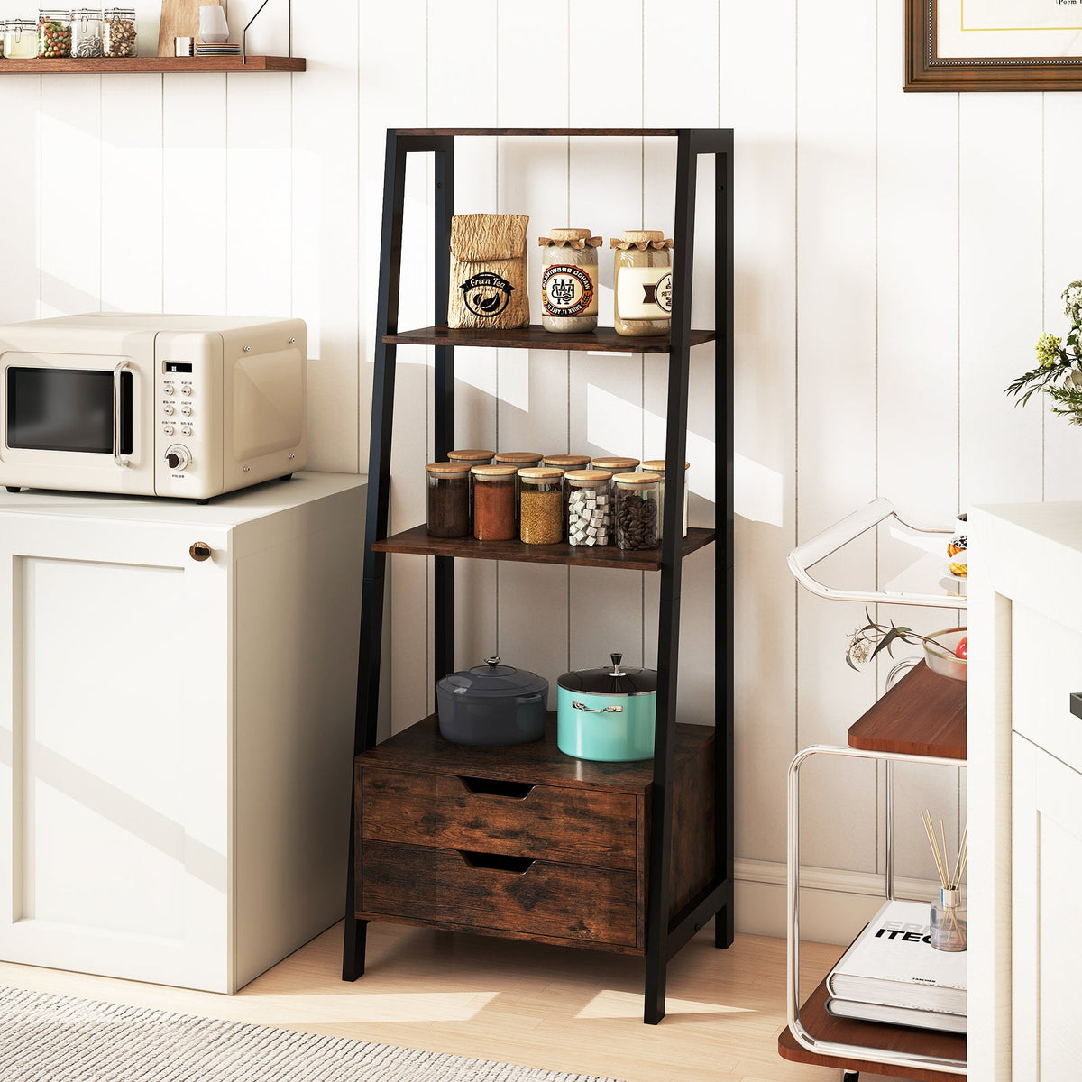 Ladder Bookshelf Tall Freestanding Display Rack with Storage-Rustic Brown