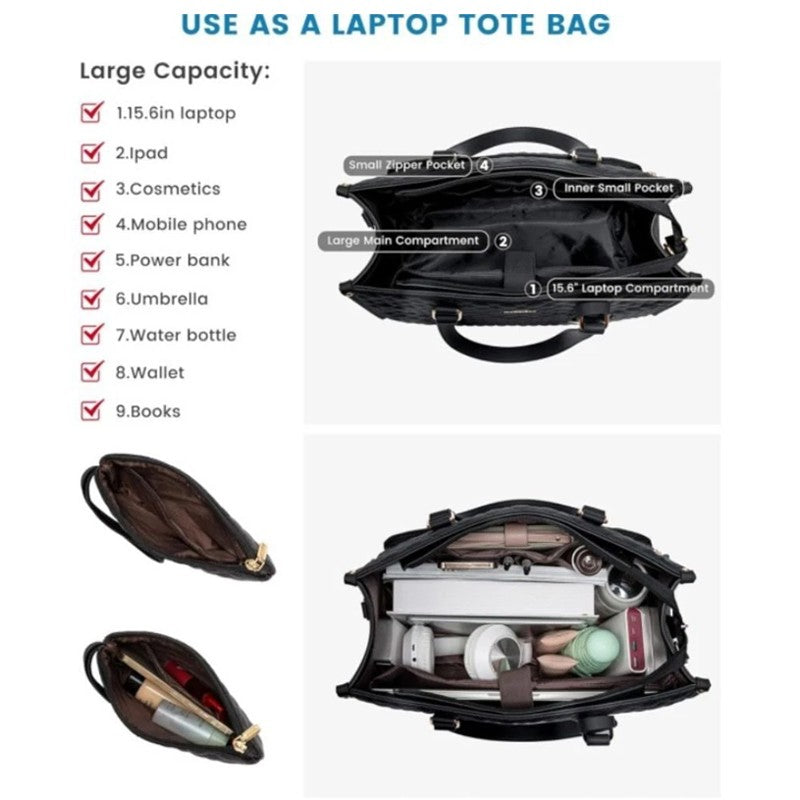 Large Capacity 15.6 Inch Handbag Leather Laptop Insulated Lunch Tote Bag Women