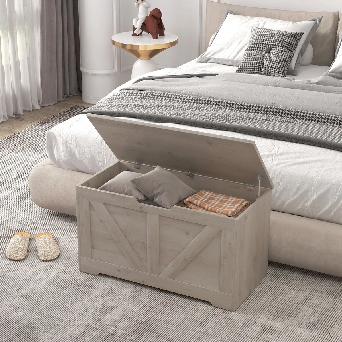 80cm Storage Trunk Ottoman Seat Grey Wooden Chest with Safety Hinges Home Large