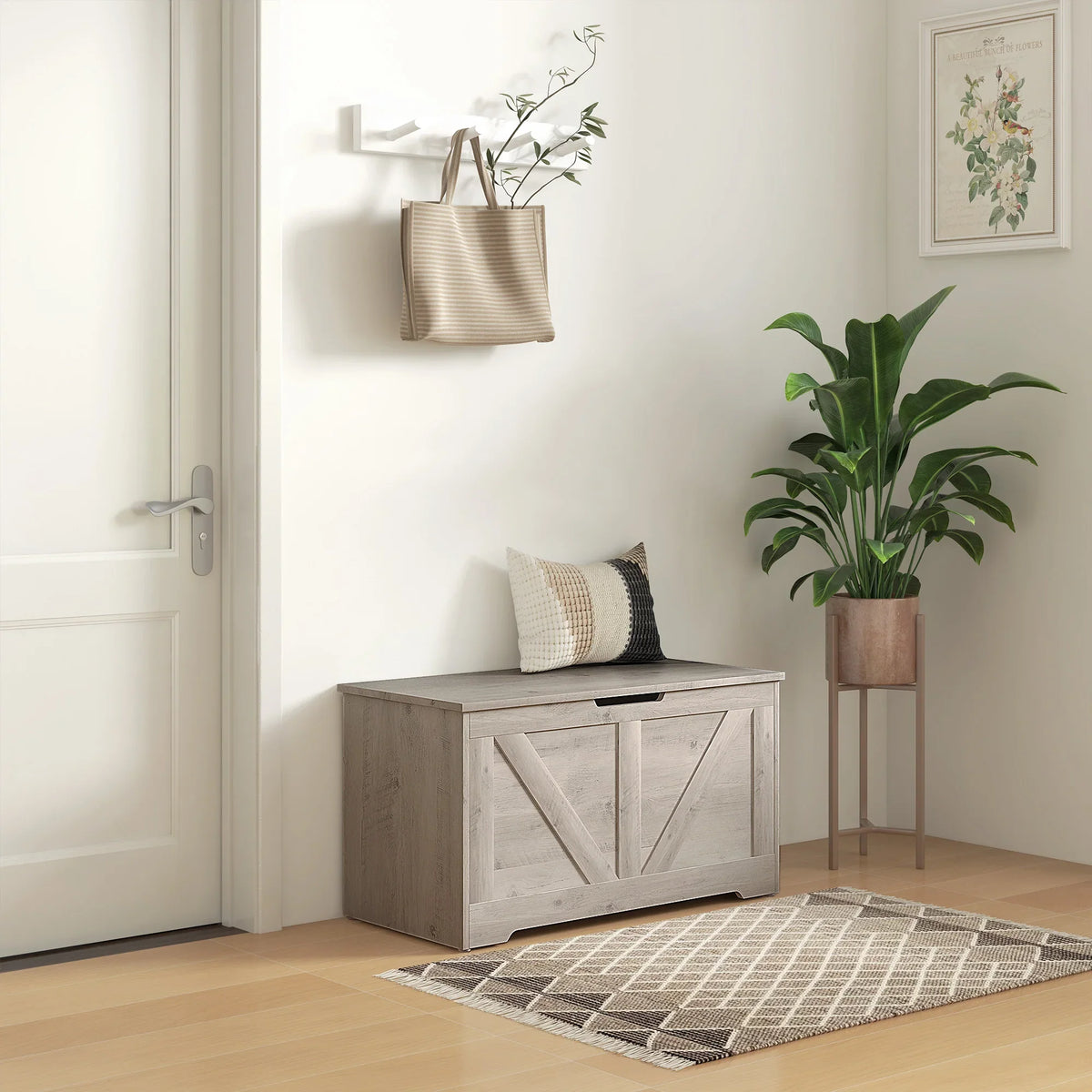 80cm Storage Trunk Ottoman Seat Grey Wooden Chest with Safety Hinges Home Large