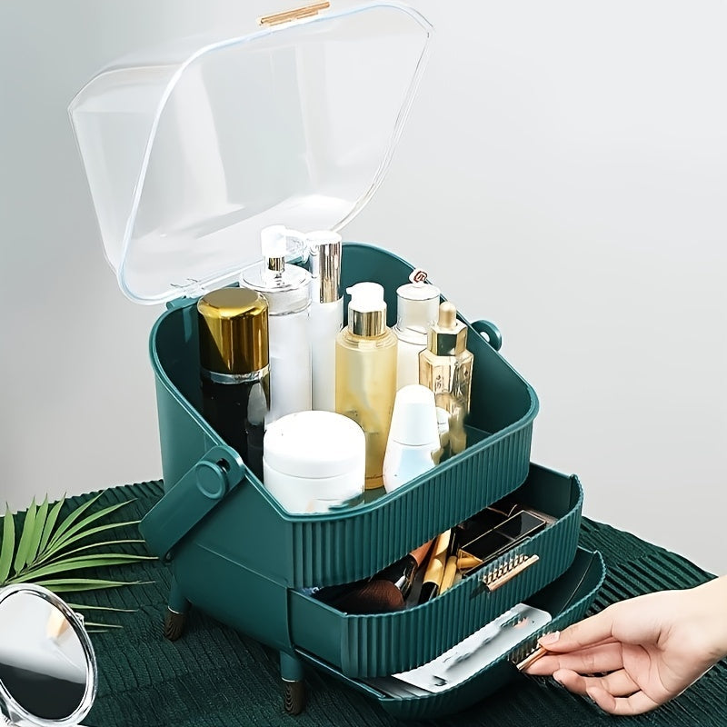 Large-Capacity Makeup Organizer - Waterproof Dustproof Cosmetic Storage Box with Cover & Drawer