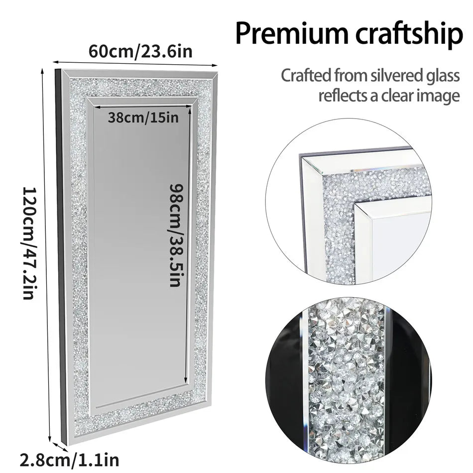 Large Luxury Silver Sparkly Crystal Rhinestone Diamond Vanity Mirror Wall Mounted