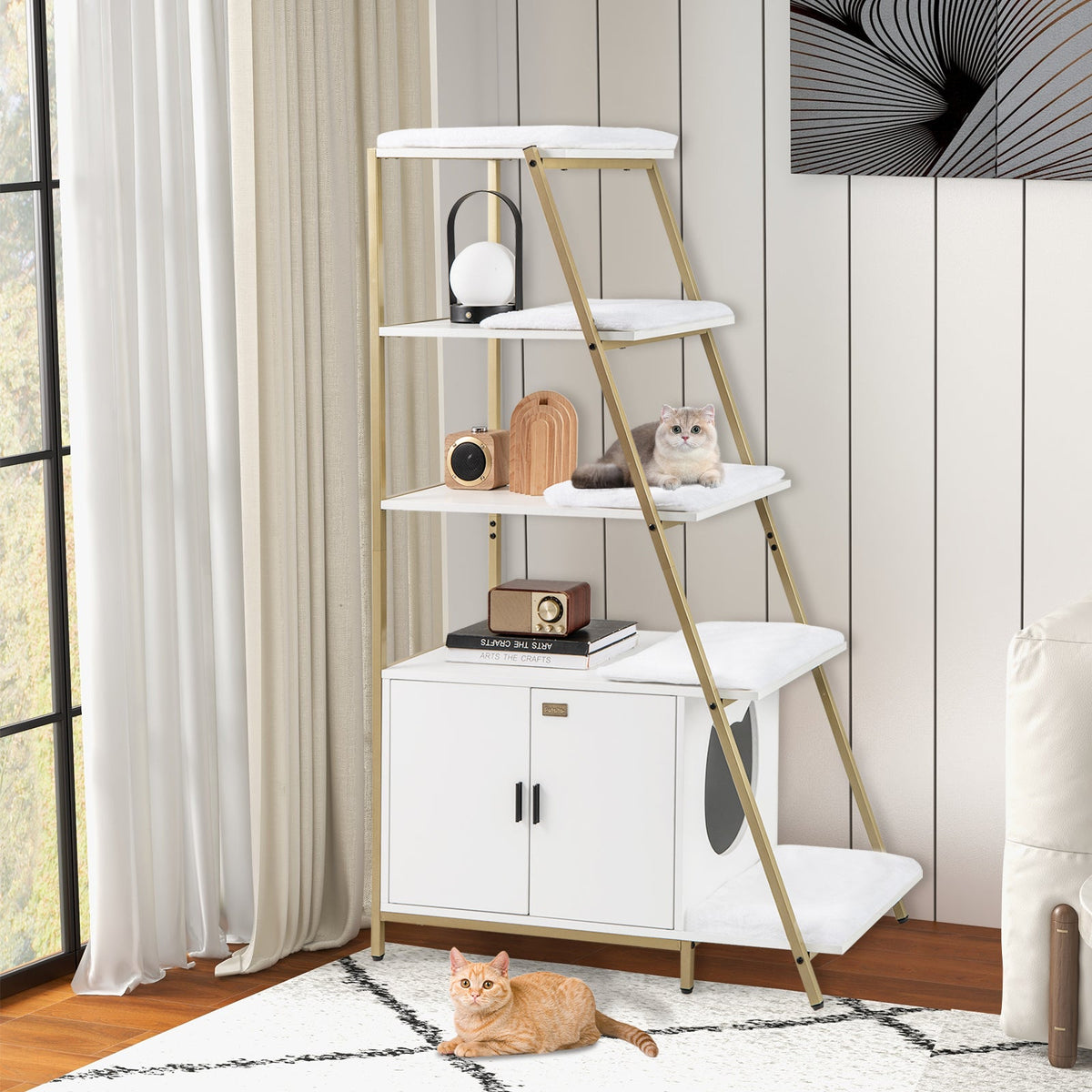 Large Cat Litter Box Enclosure with Storage and Removable Plush Mats-Coffee