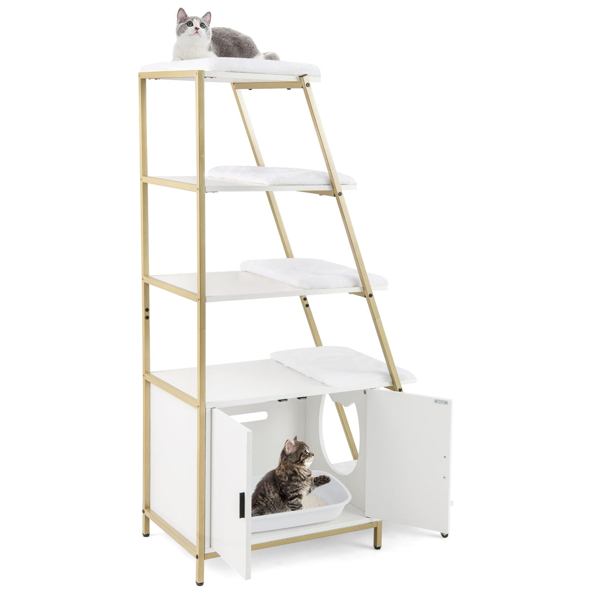 Large Cat Litter Box Enclosure with Storage and Removable Plush Mats-Coffee
