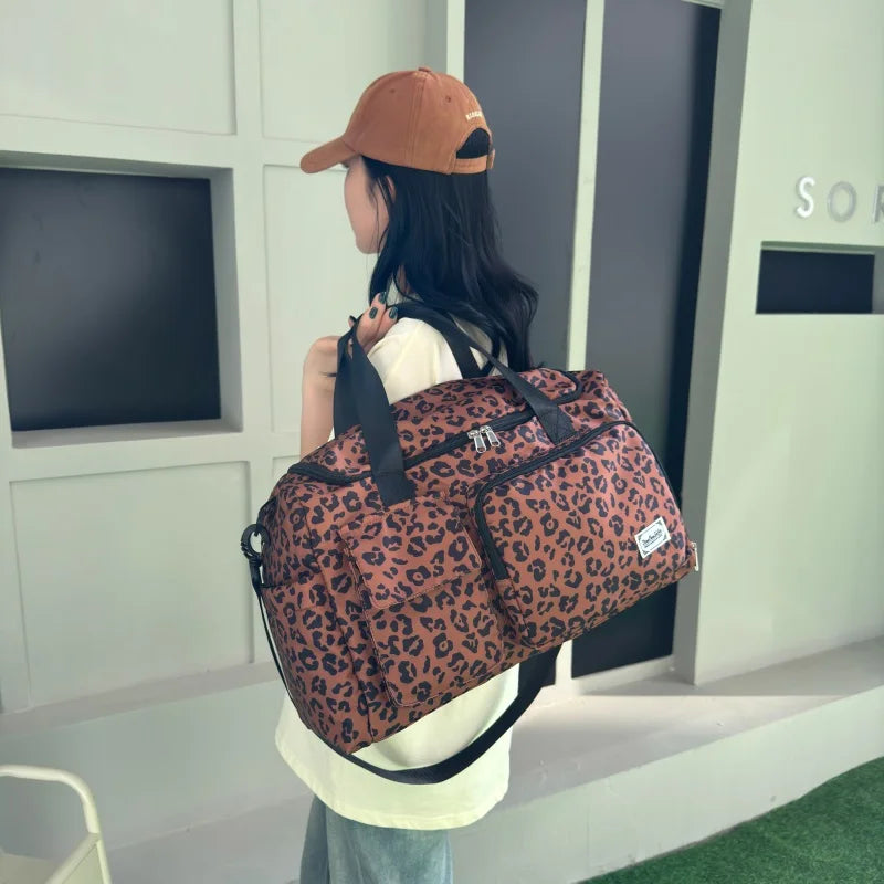 Leopard Print Large Duffel Luggage Bag Shoe Compartment Sports Gym Travel Duffle