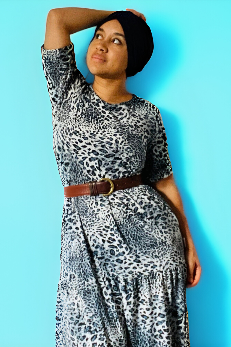 Grey Leopard Cotton Breastfeeding Midi Dress - Discreet Nursing Access | MilkyMoon