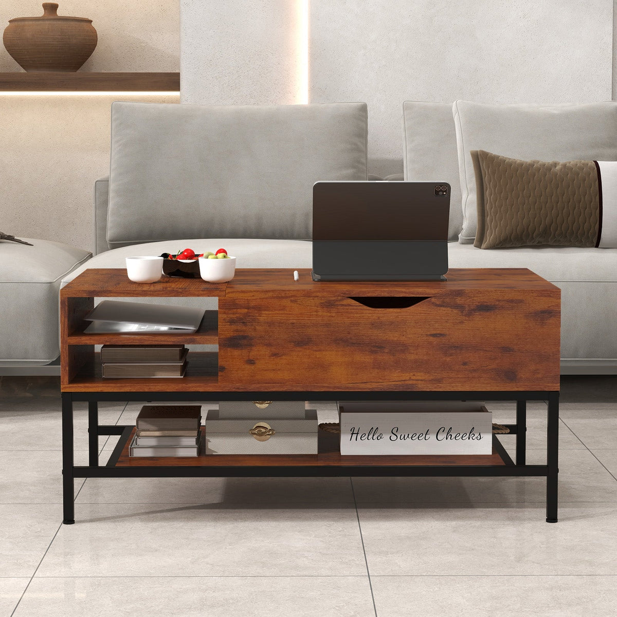 Lift Top Coffee Table with Hidden Compartment and Removable Shelf-Grey