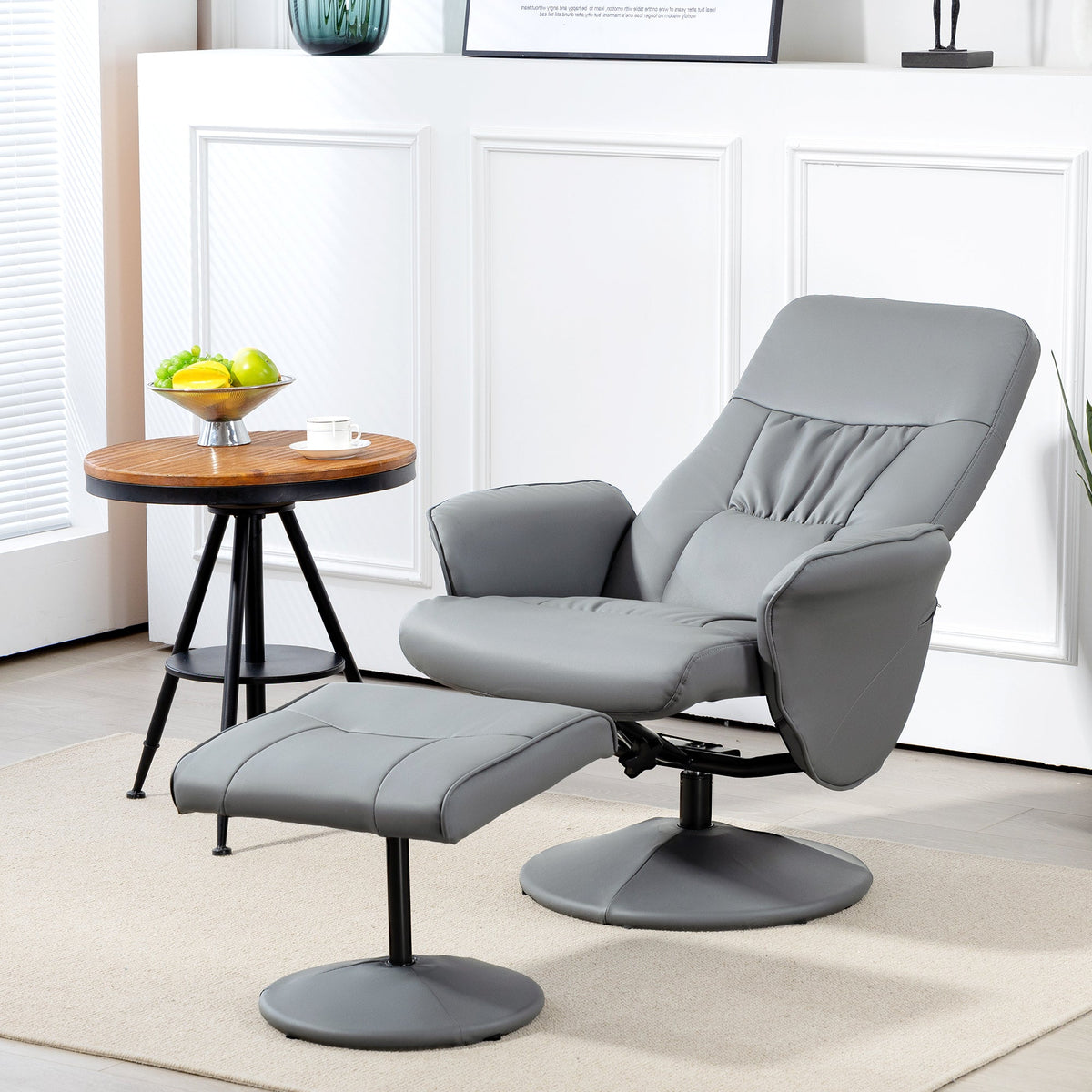 Swivel Recliner Chair Footstool PU Leather Armchair Light Grey Living Room Stool