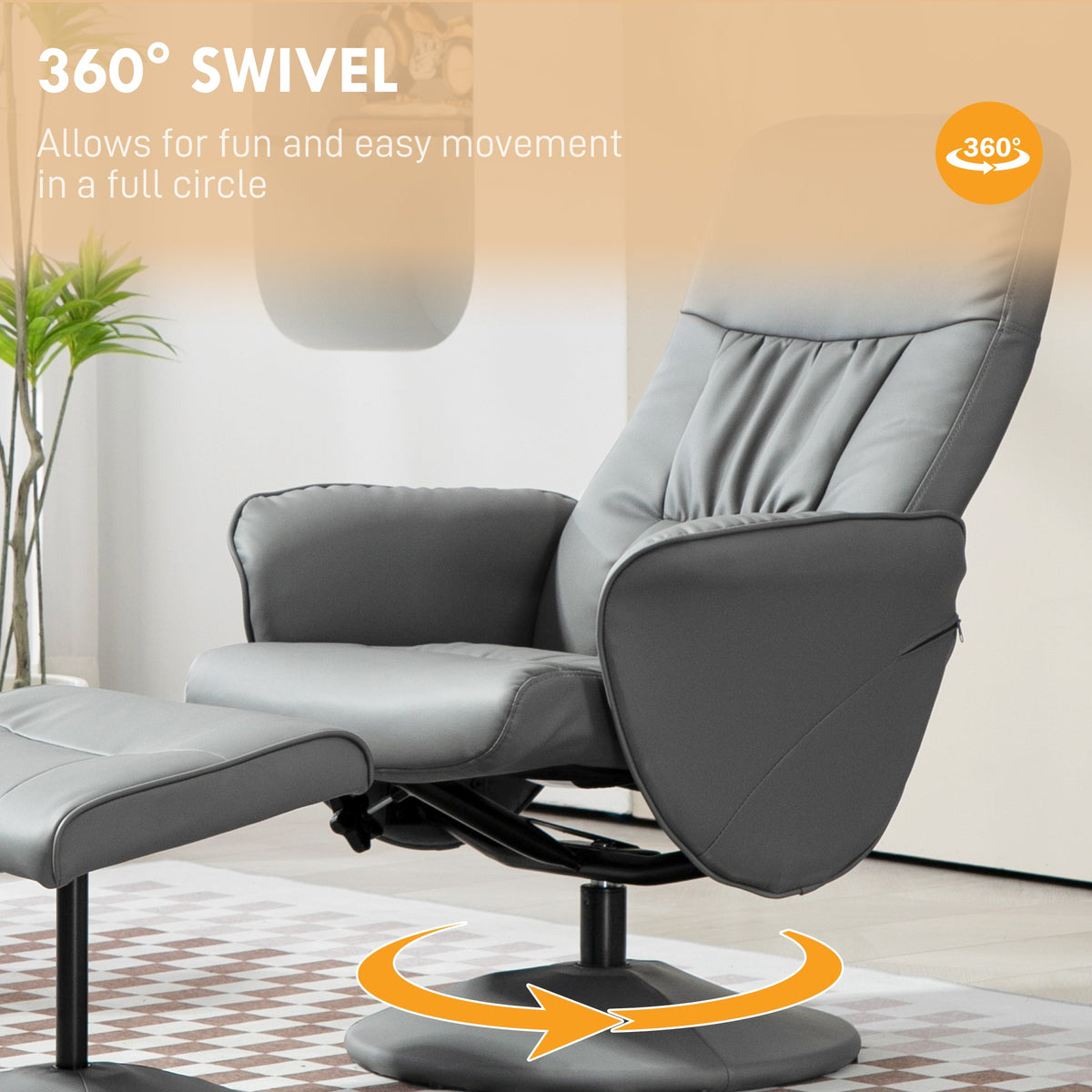 Swivel Recliner Chair Footstool PU Leather Armchair Light Grey Living Room Stool