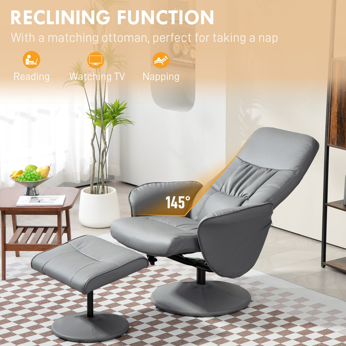 Swivel Recliner Chair Footstool PU Leather Armchair Light Grey Living Room Stool