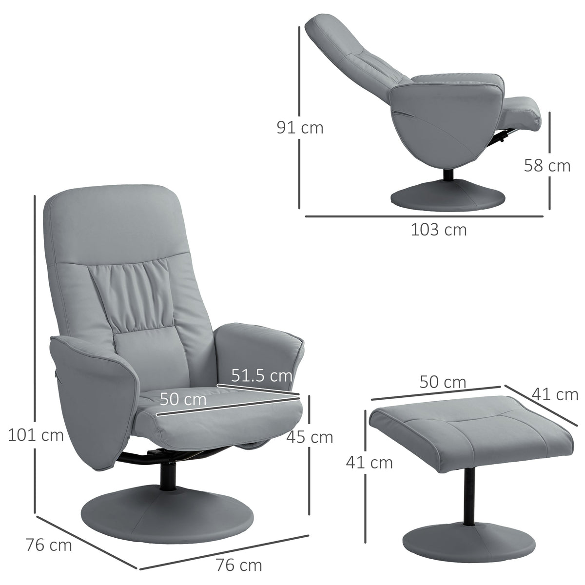 Swivel Recliner Chair Footstool PU Leather Armchair Light Grey Living Room Stool