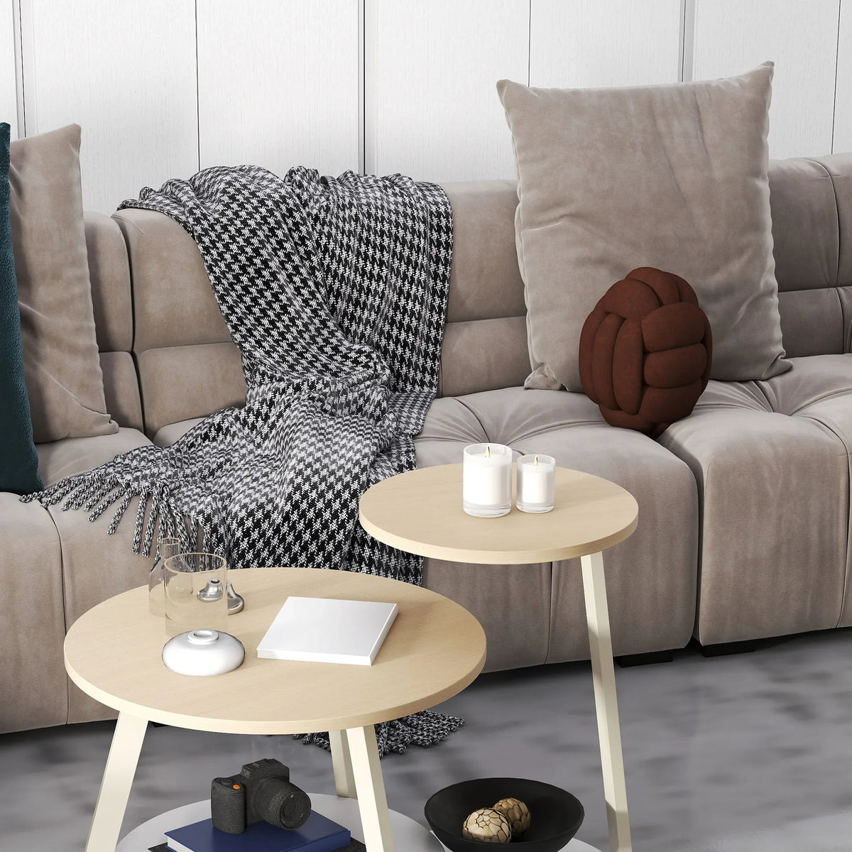 Light Wood Nesting Coffee Table Set 2 Round Side Tables Storage Shelf Beige Nest