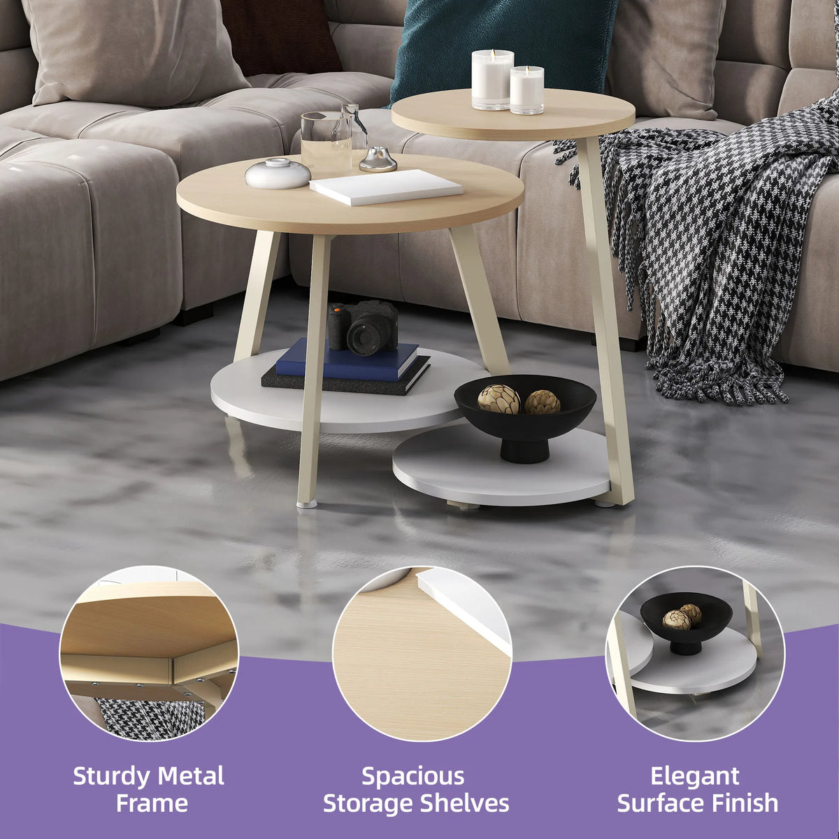 Light Wood Nesting Coffee Table Set 2 Round Side Tables Storage Shelf Beige Nest