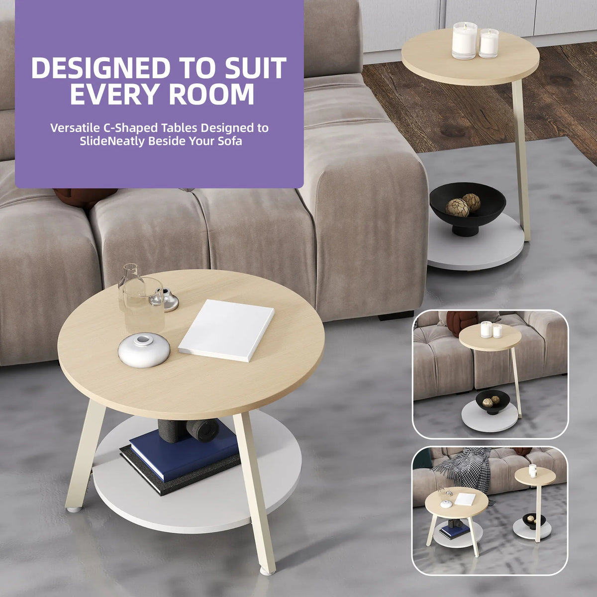 Light Wood Nesting Coffee Table Set 2 Round Side Tables Storage Shelf Beige Nest