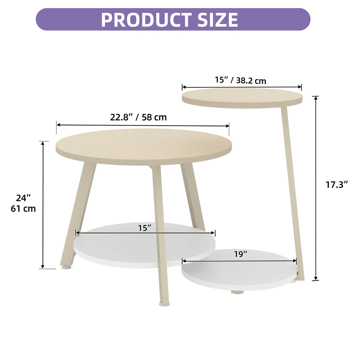 Light Wood Nesting Coffee Table Set 2 Round Side Tables Storage Shelf Beige Nest