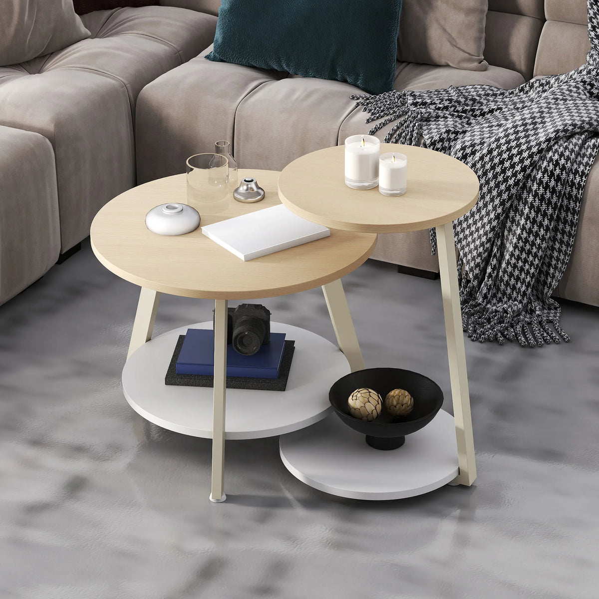 Light Wood Nesting Coffee Table Set 2 Round Side Tables Storage Shelf Beige Nest