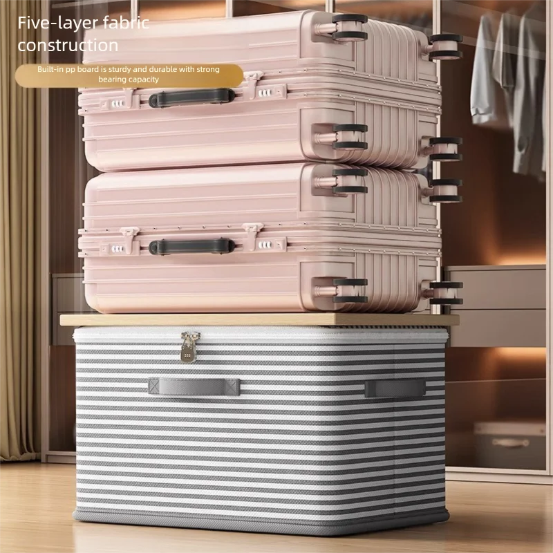 Lockable Foldable Storage Box for Clothes, Blankets & Toys – Grey & White Stripe