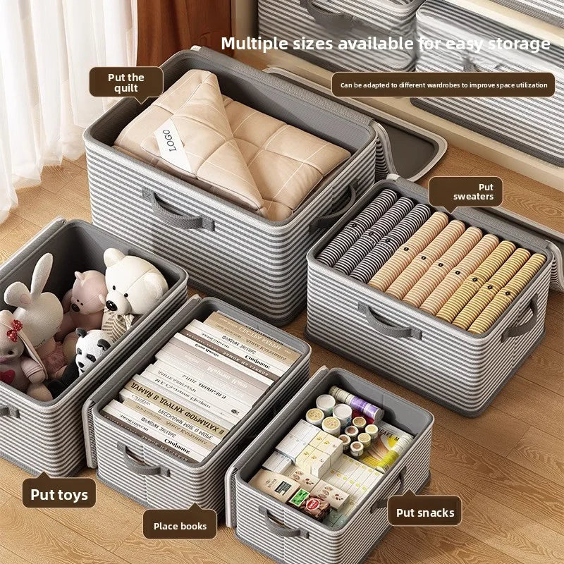 Lockable Foldable Storage Box for Clothes, Blankets & Toys – Grey & White Stripe