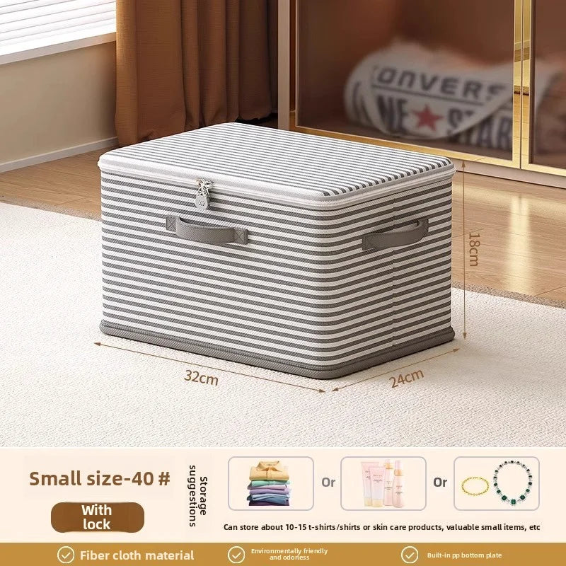 Lockable Foldable Storage Box for Clothes, Blankets & Toys – Grey & White Stripe