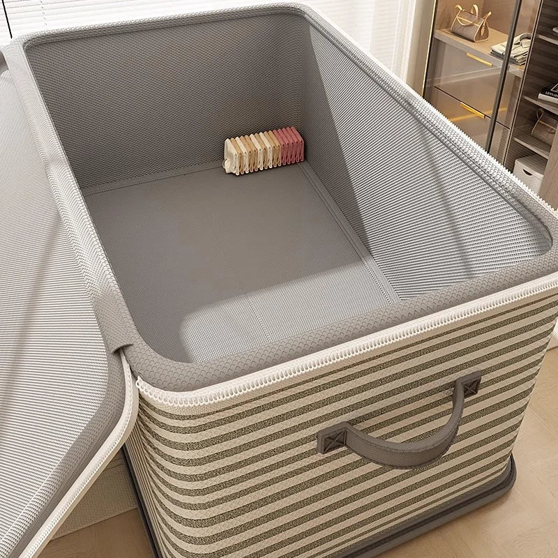 Lockable Foldable Storage Box for Clothes, Blankets & Toys – Grey & White Stripe