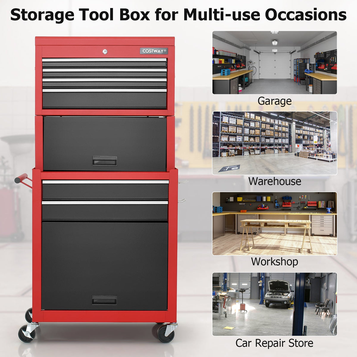 Lockable Tool Storage Cabinet with Handle, Drawers, Wheels and EVA Liner-Black