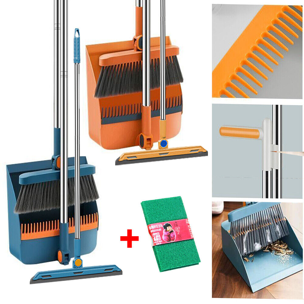 Long Handle Dustpan and Brush Set Strong Metal Handle Broom Sweeper Rotating