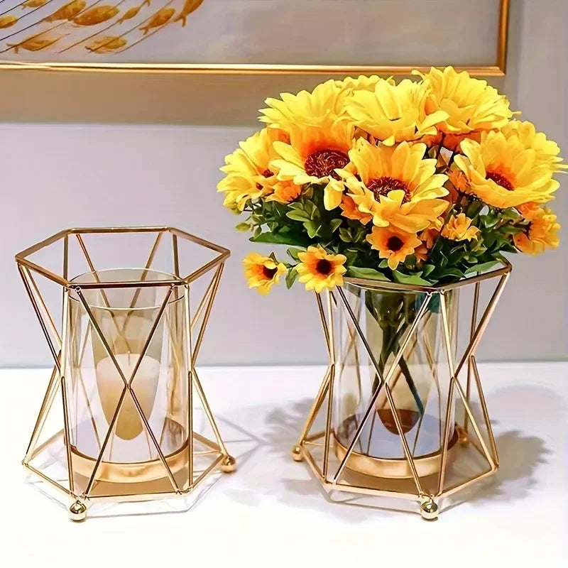 Luxury Wrought Iron Glass Vase Gold - Geometric Flower Hydroponic Home Decor Modern