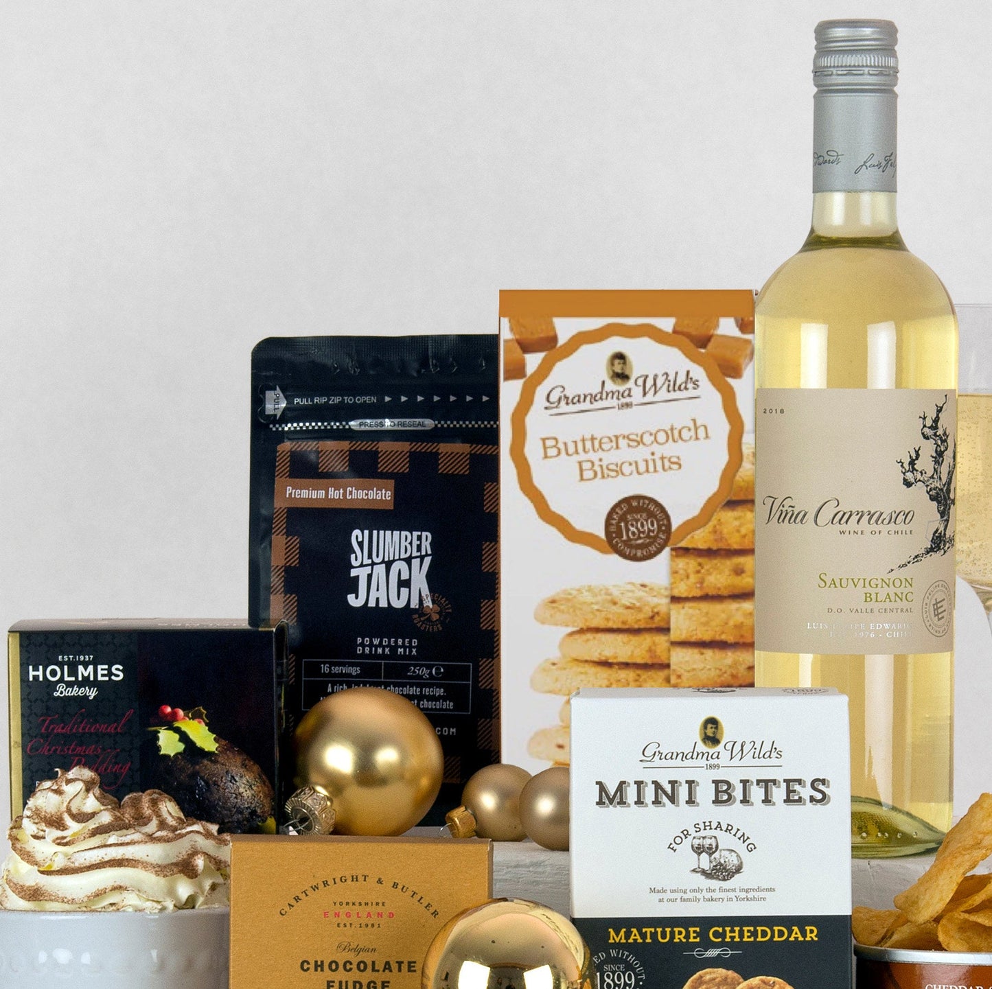 Cesta de Navidad de Lujo | Caja de Regalo Festiva Dulce y Salada con Vino y Pudín de Ciruela