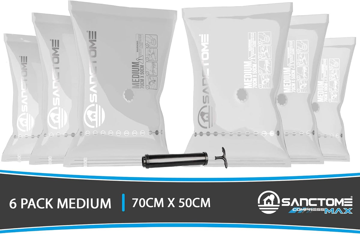 SANCTOME Pack of 6 Medium Deluxe Vacuum Storage Bags With Travel Hand Pump