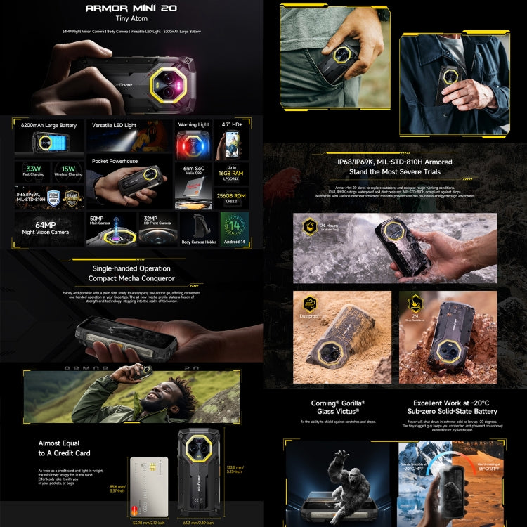Ulefone Armor Mini 20 Rugged Smartphone | 8GB+256GB | Night Vision | IP68/IP69K | Android 14 | 4G NFC