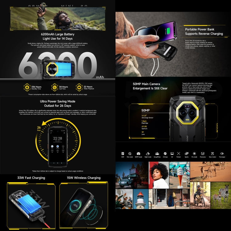 Ulefone Armor Mini 20 Rugged Smartphone | 8GB+256GB | Night Vision | IP68/IP69K | Android 14 | 4G NFC