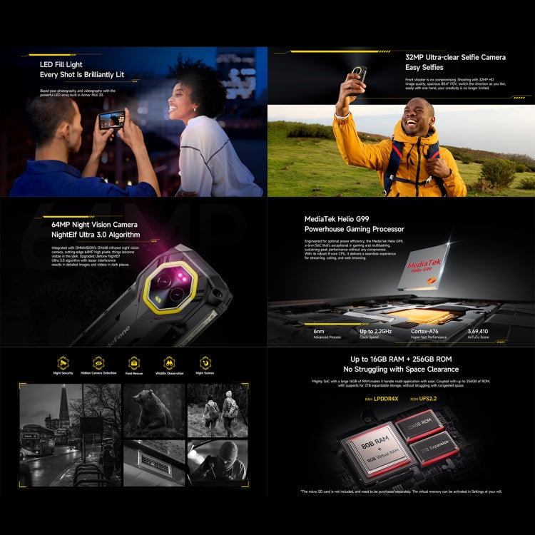 Ulefone Armor Mini 20 Rugged Smartphone | 8GB+256GB | Night Vision | IP68/IP69K | Android 14 | 4G NFC
