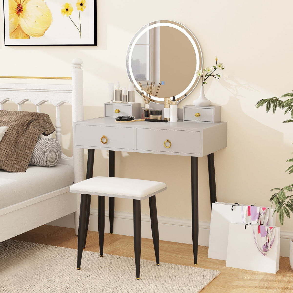 Makeup Vanity Desk with Lighted Mirror for Bedroom-Grey