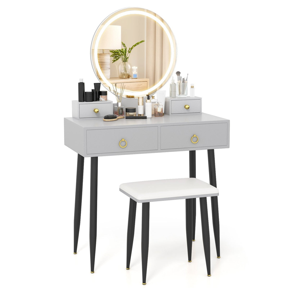 Makeup Vanity Desk with Lighted Mirror for Bedroom-Grey