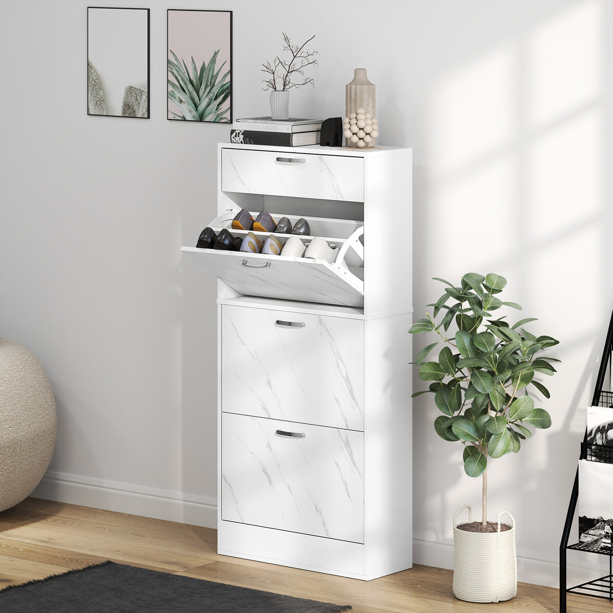 Marble Effect Shoe Cabinet White 3 Flip Drawers 18 Pair Shoes Storage Organiser